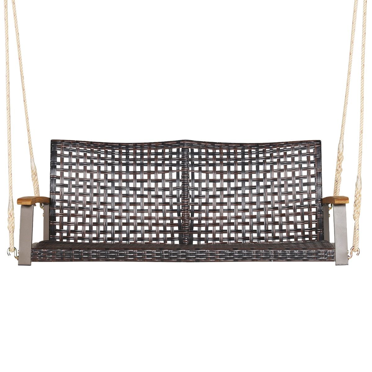 Banc Suspendu de Jardin en Rotin 2 Place Accoudoirs en Bois d'Acacia Cadre en Métal Coussin Cordes Crochets Blanc/Noir -