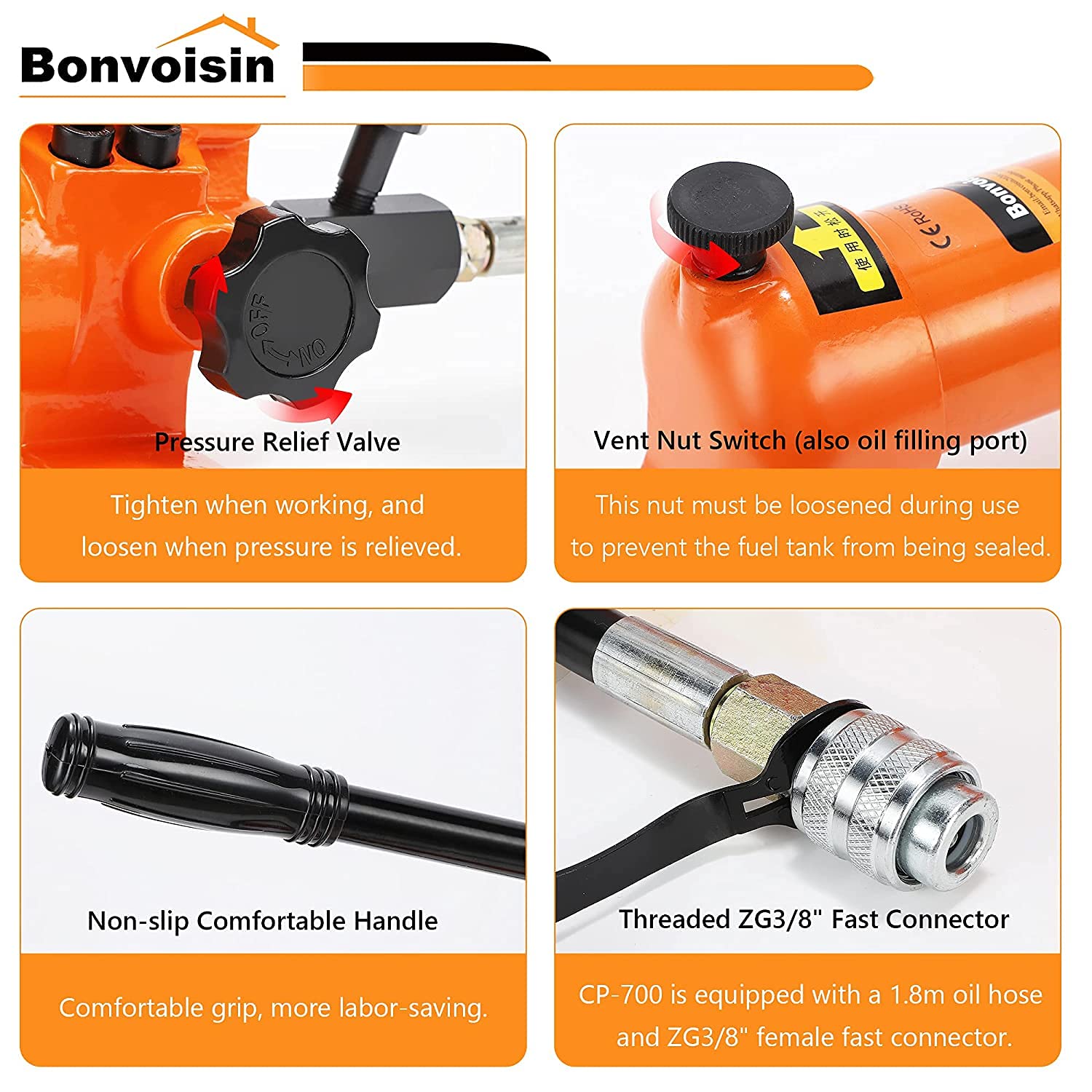 Bonvoisin CP-700 Pompe Hydraulique Manuelle avec Manomètre Haute Pression 700 kg/cm² Teneur en Huile 900cc pour des Outils Hydrauliques