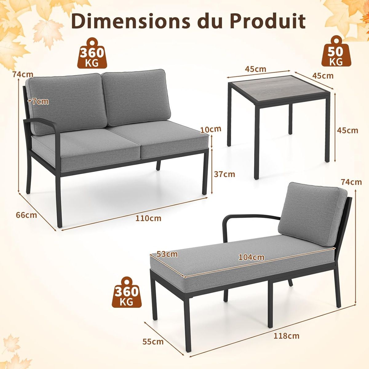 Ensemble Salon de Jardin 3 Pièces Ensemble de Canapé Rembourré d’Extérieur avec Table Basse Cadre en Métal Robuste Gris -