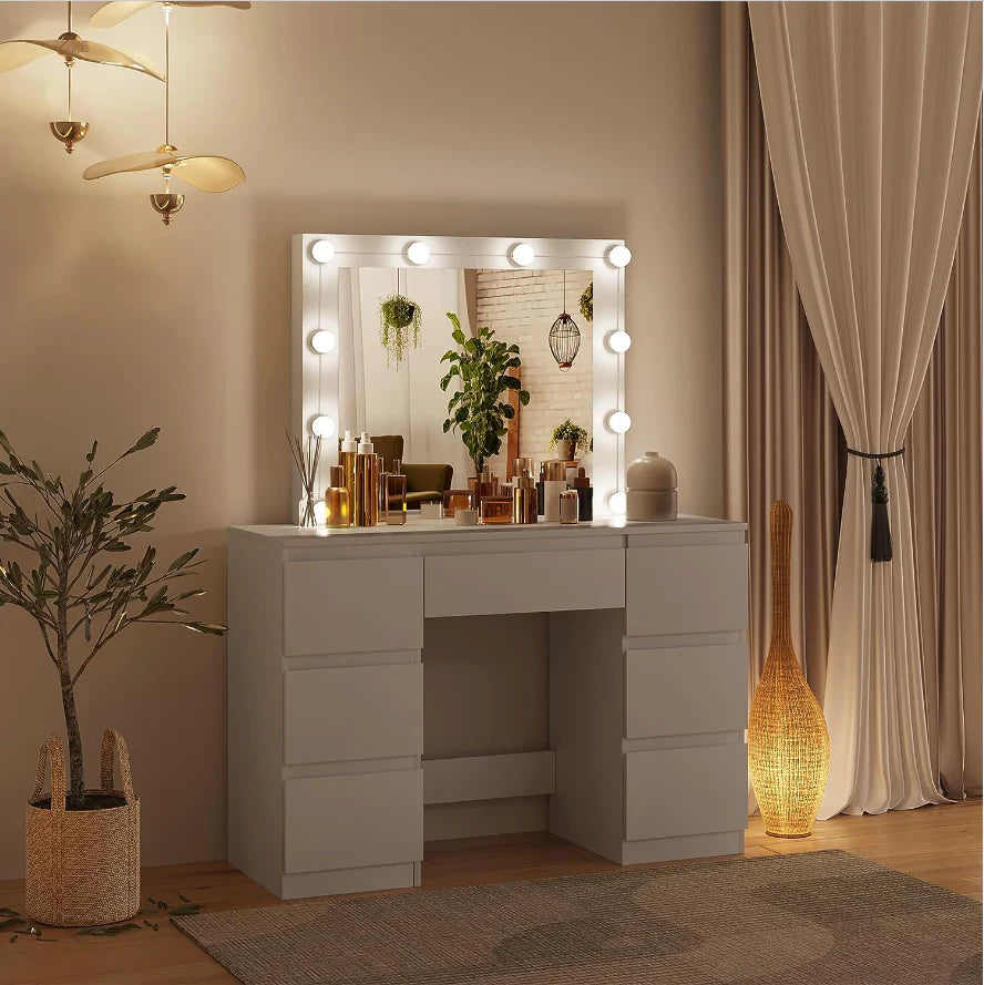 Coiffeuse Blanche avec Miroir LED - 7 Tiroirs -