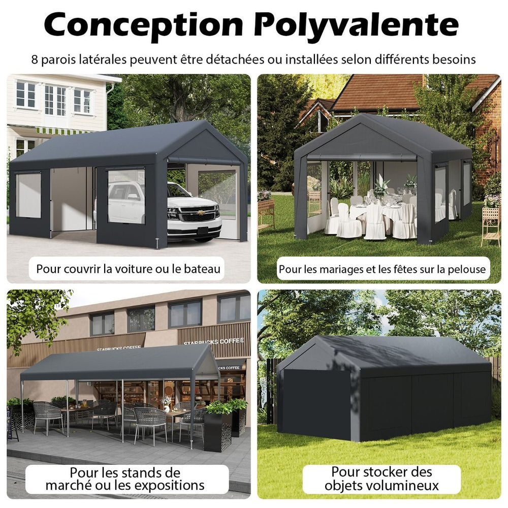 Abri de Voiture 595 x 300 cm Extérieur Tente de Garage avec 8 Parois Latérales Amovibles Portes Enroulables Fenêtres Ventilées Gris -
