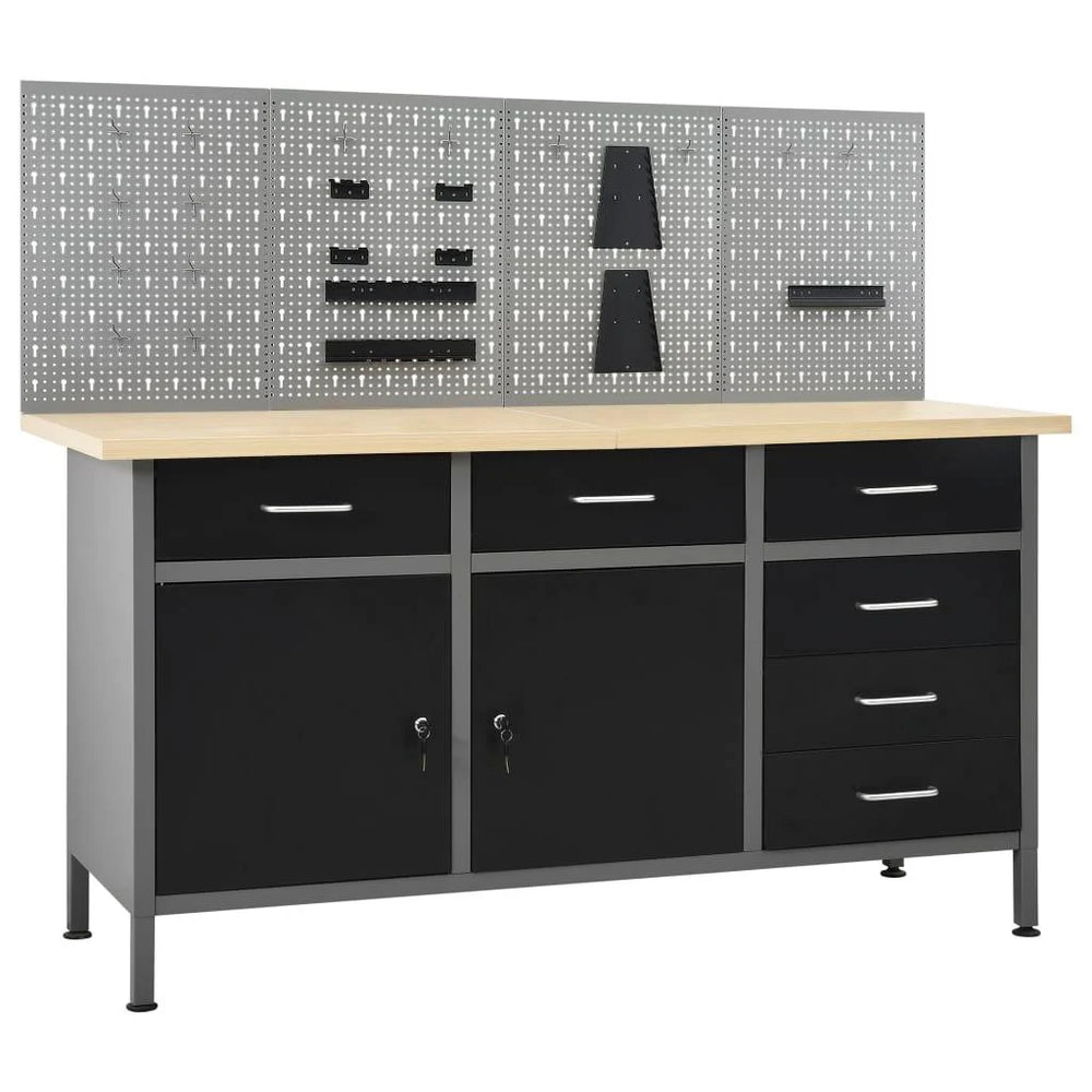 Etabli avec 4 panneaux muraux table de travail poste de travail stockage rangement d'outils 160 cm garage atelier pieds réglables en hauteur 02_0003666 -