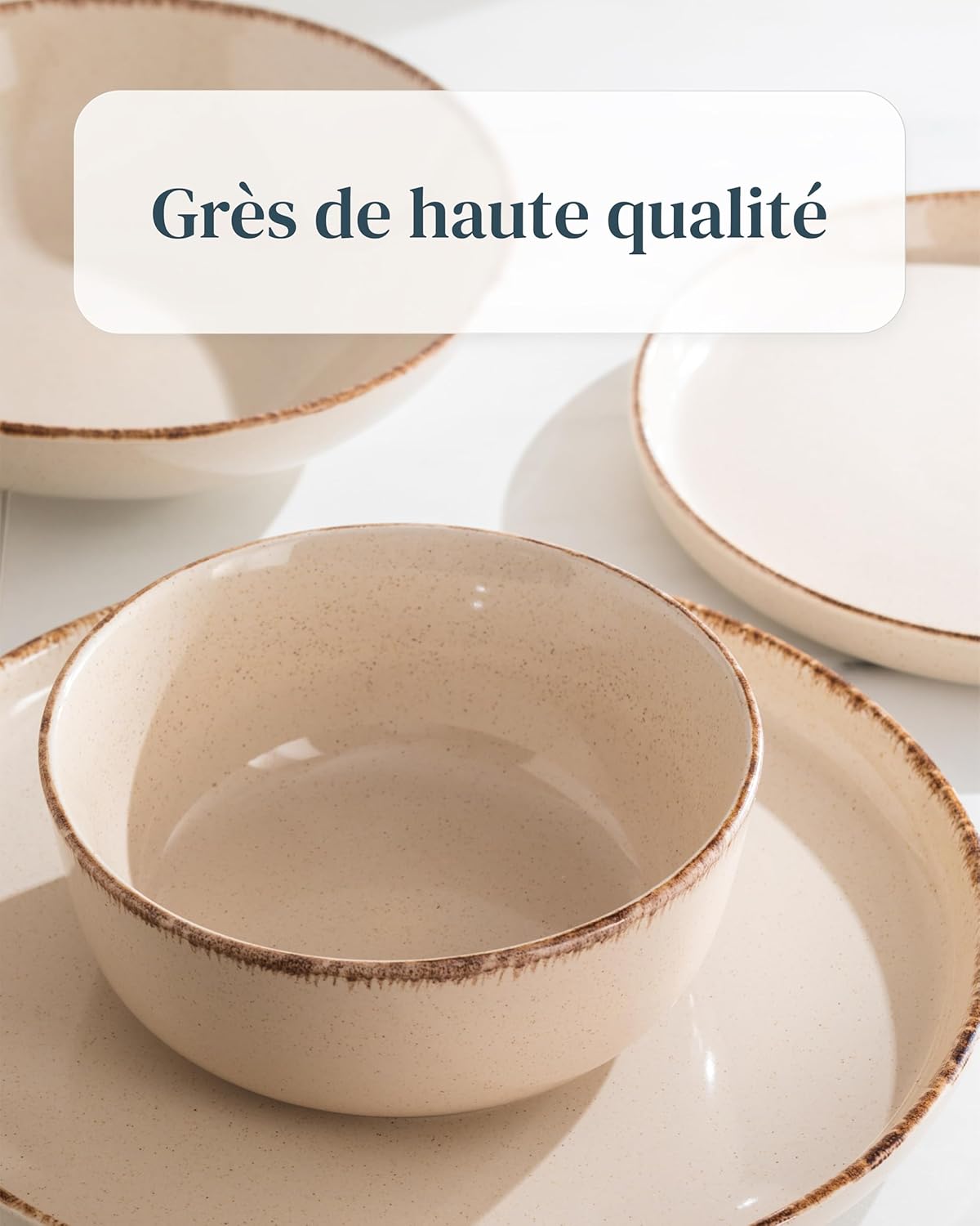 Ensemble Vaisselle en Grès 12 Personnes Rustique 36 pièces - Service de Table Rustique, Lavable au Lave-Vaisselle - Ensemble de Bols et Assiettes - Vaisselle de Table Pure Living en beige