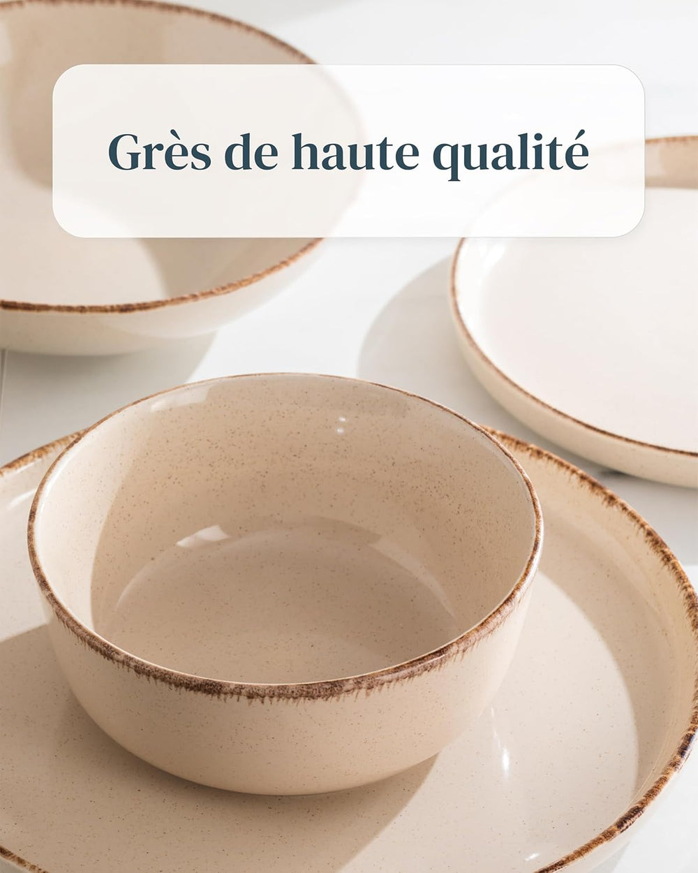Ensemble Vaisselle en Grès 12 Personnes Rustique 36 pièces - Service de Table Rustique, Lavable au Lave-Vaisselle - Ensemble de Bols et Assiettes - Vaisselle de Table Pure Living en beige