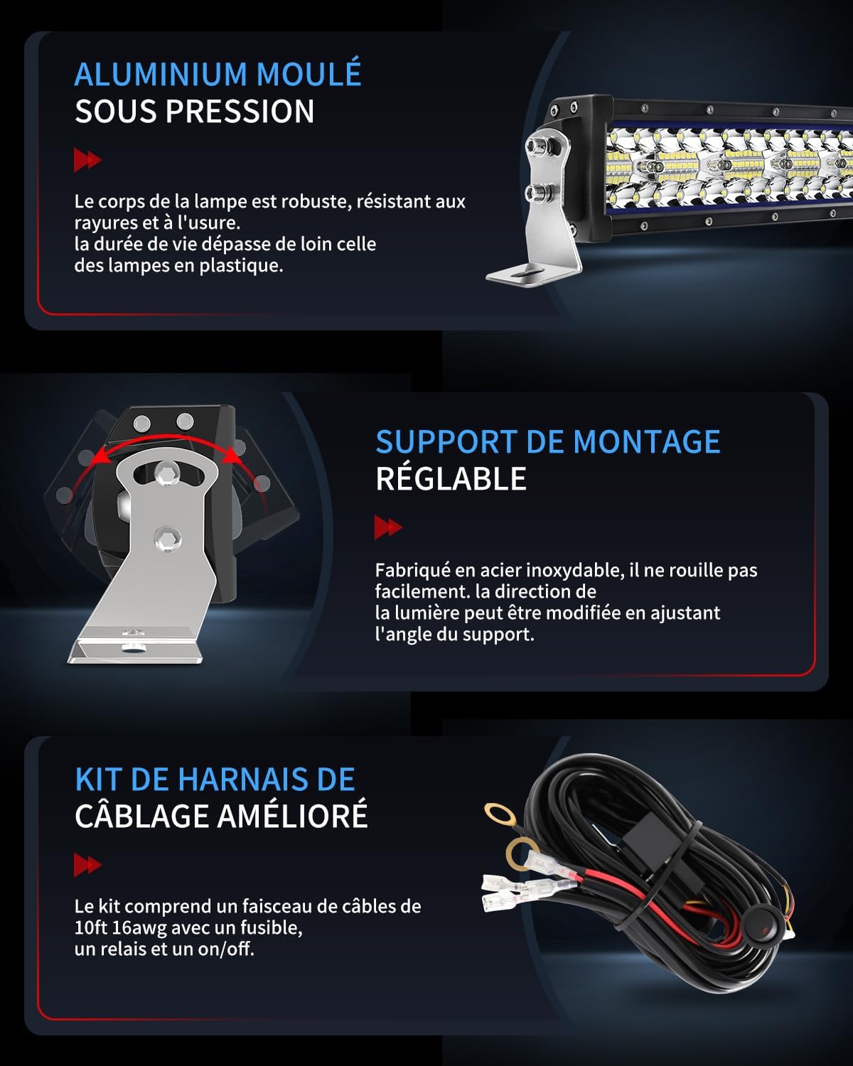 BraveWAY 52 Pouces Slim incurvée Barre Rampe LED 480W 32500LM, Triple rangée Barre LED 4x4 projecteur Flood avec kit de Harnais pour 4x4 Tracteur Voiture Camion SUV ATV, 12V 24V