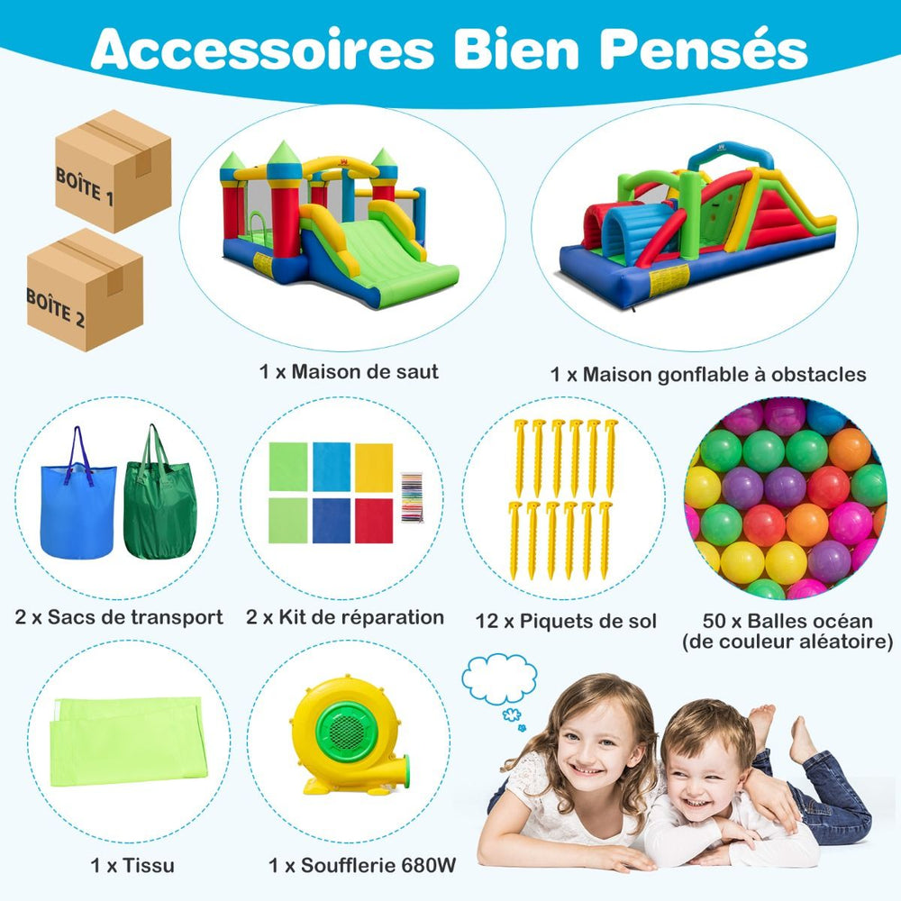 Château Gonflable pour 4 Enfants avec 2 Toboggans Tunnels Zone de Rebond Escalade Obstacles Maison de Jeu avec Souffleur de 680 W -