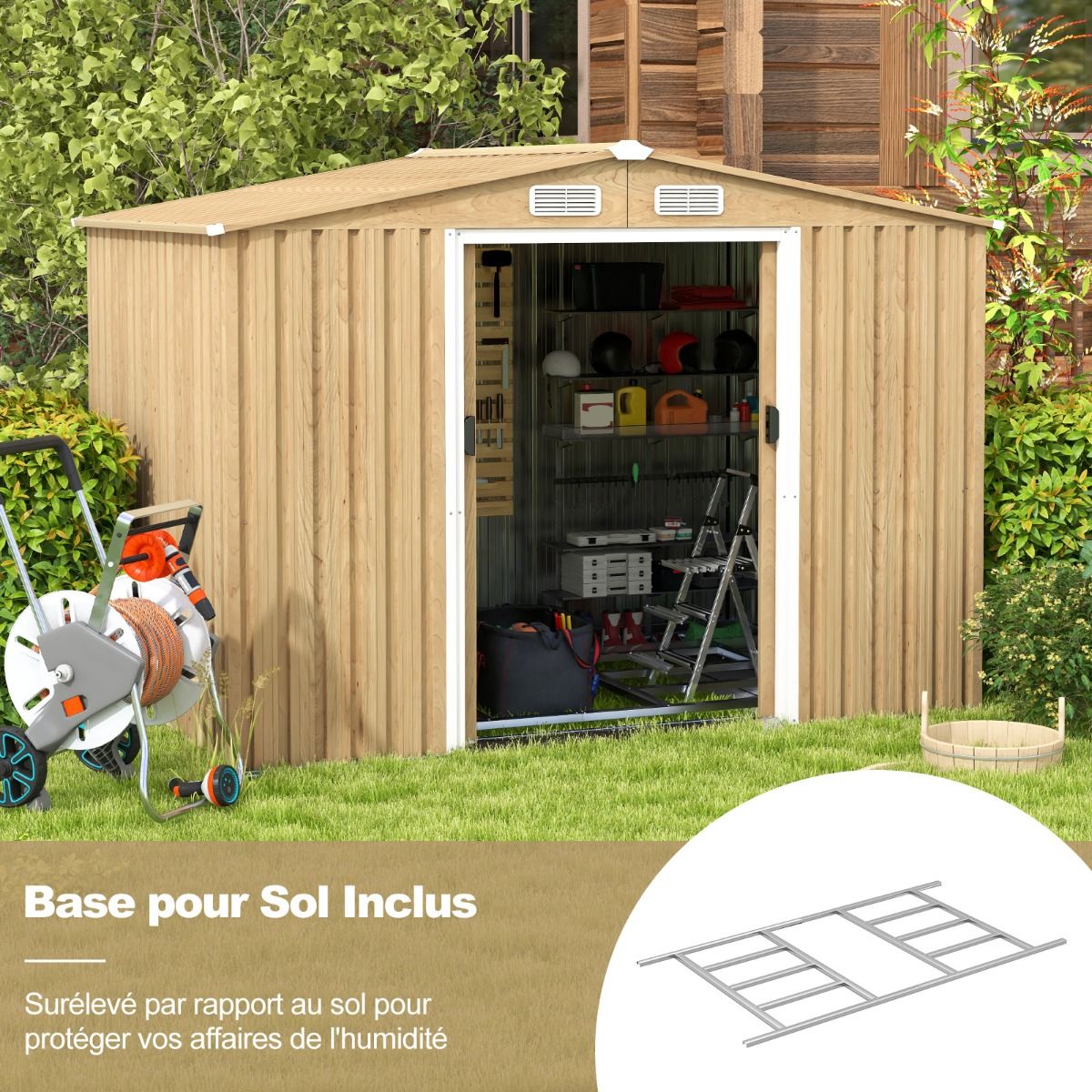 Abri de Rangement 259cm x196cm avec Base de Fondation Maison  Outils en Mtal Galvanis avec 4 Arations Impermable et Coupe-vent Naturel -