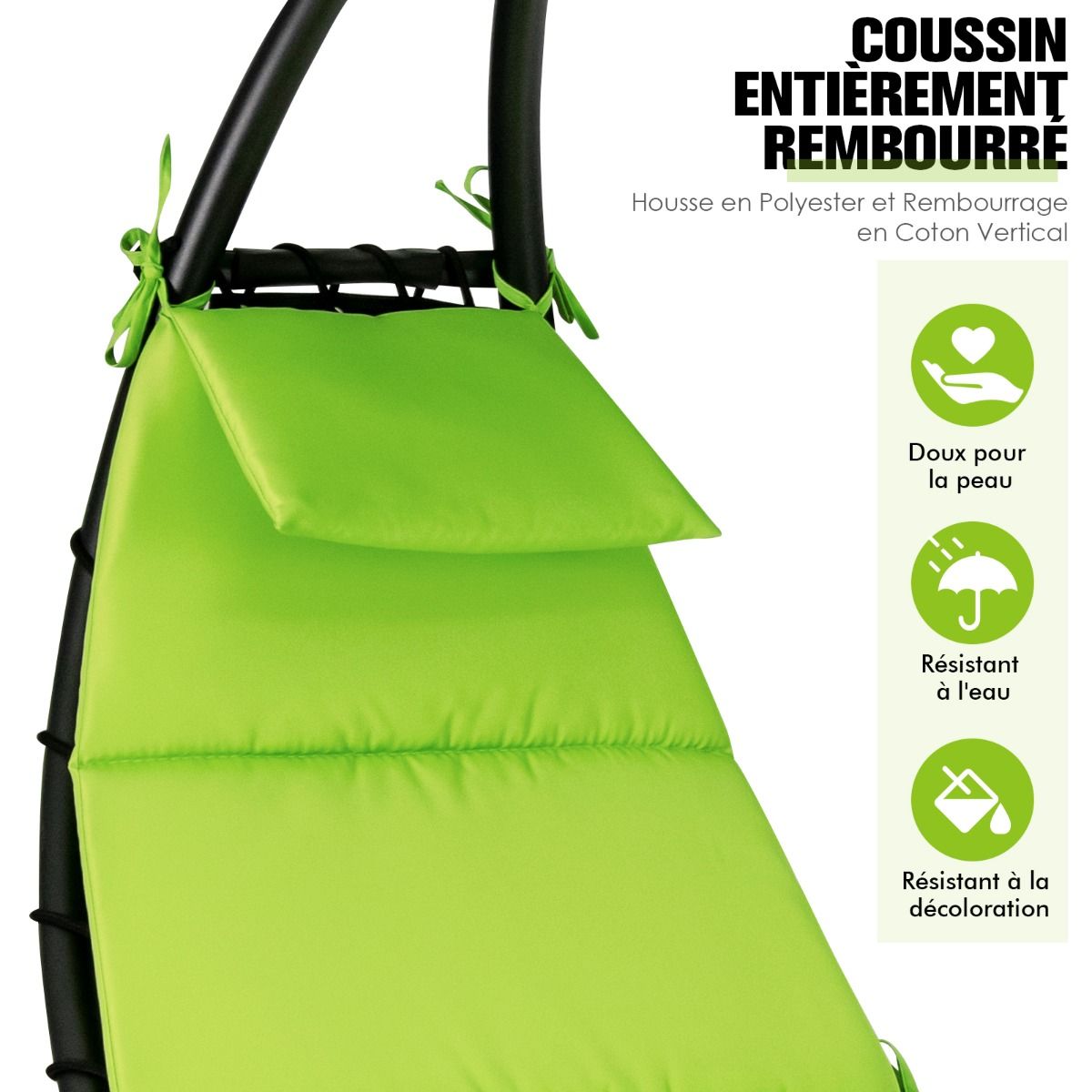 Bain de Soleil à Bascule Transat Suspendu avec Pare-Soleil & Coussin Hamac Charge 150KG 184 cm x 147 cm x 187 cm Vert -