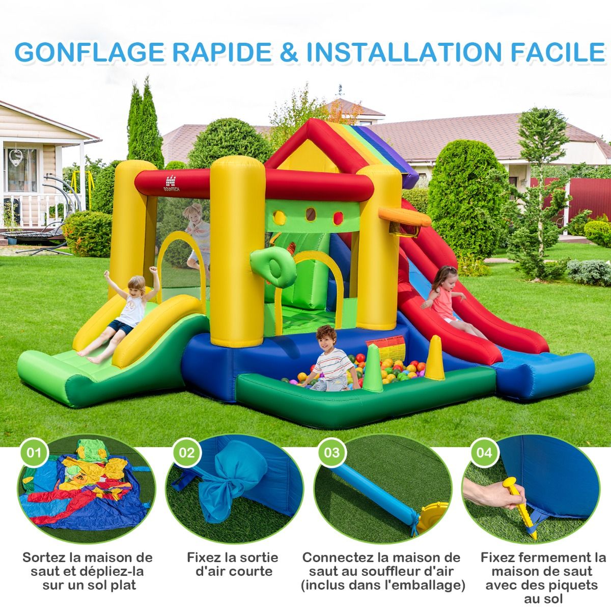 Ch芒teau Gonflable  Thme Arc-en-ciel 7 en 1 avec Ventilateur Double Toboggans Piscine  Balles Panier de Basket Charge 90kg -