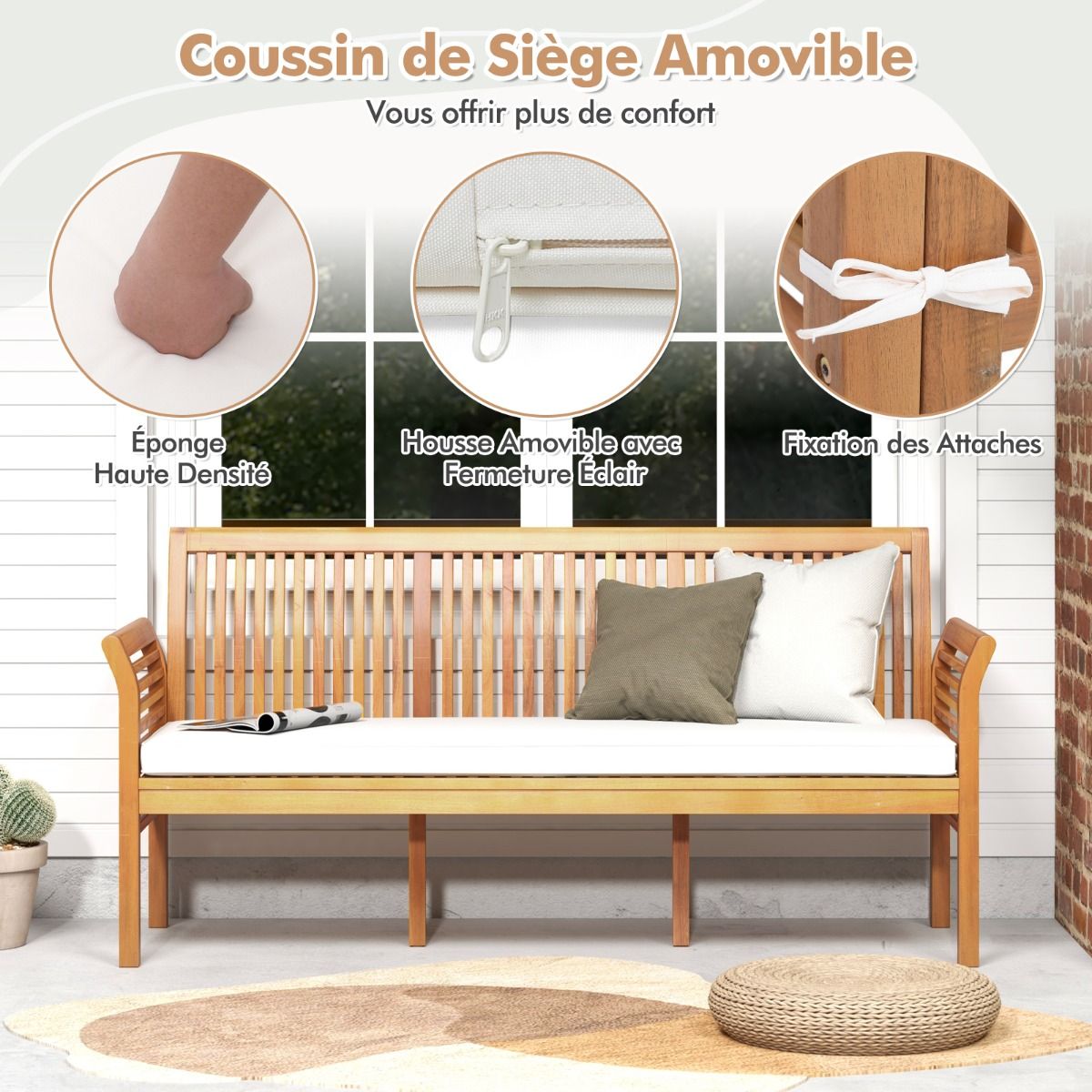 Banc de Terrasse en Bois 3 Places Banc en Acacia de 159 cm de Long avec Coussins d'Assise Doux Dossier et Accoudoirs Ergonomiques Blanc -