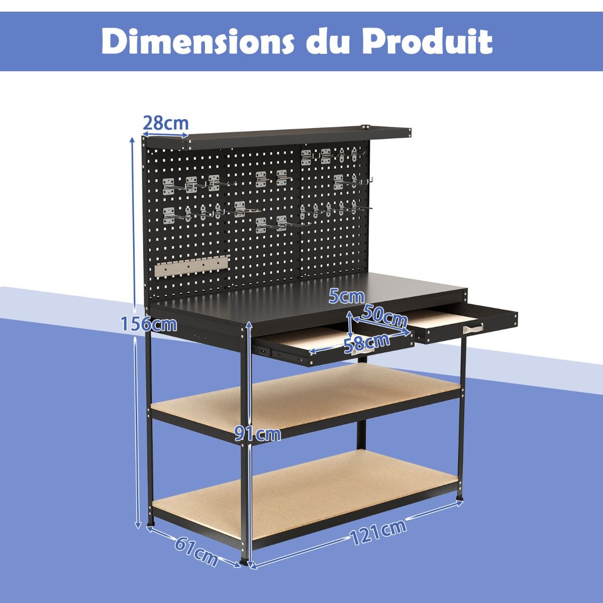 tabli de Bricolage 121 x 61 cm Table de Travail en Mtal de 230 kg avec 3 Panneaux Perfors 24 Accessoires de Suspension Noir/Bleu Marine -
