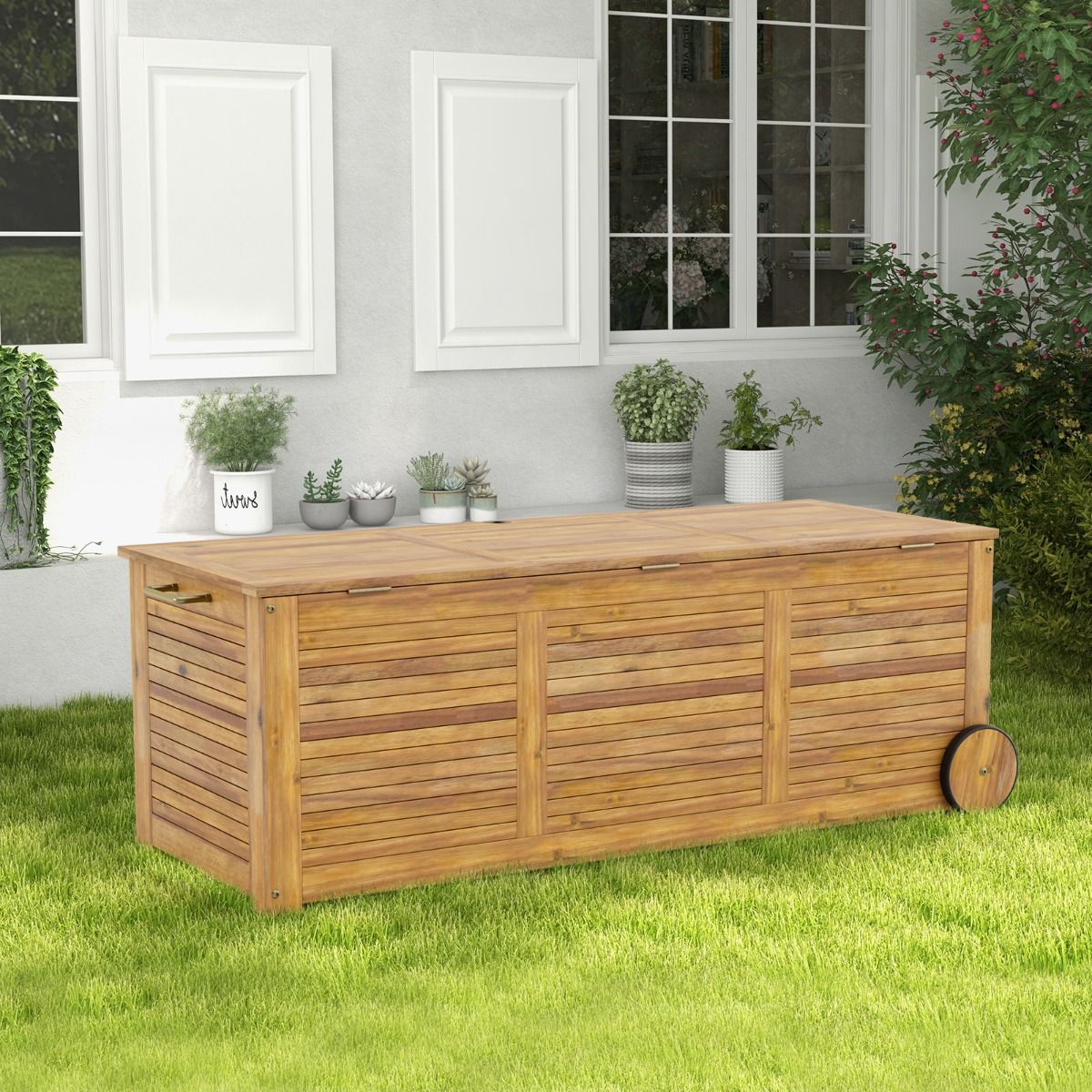 Coffre de Rangement 182L en Bois d’Acacia Charnière en Métal Banc de Rangement à Roulettes Extérieur pour Jardin Patio -