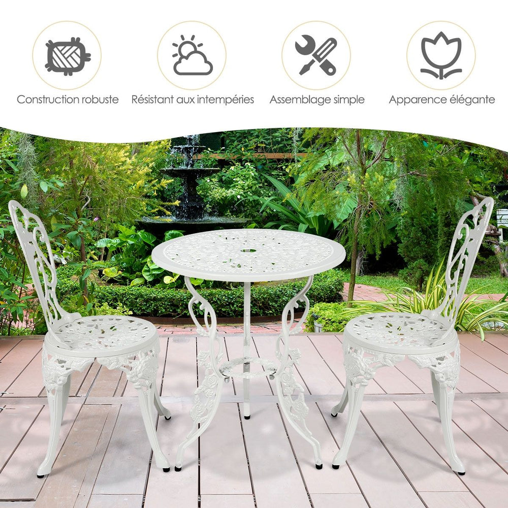 Ensemble Table et 2 Chaises pour Jardin en Aluminium en Forme de Rose Blanc Rsistant aux Intempries -