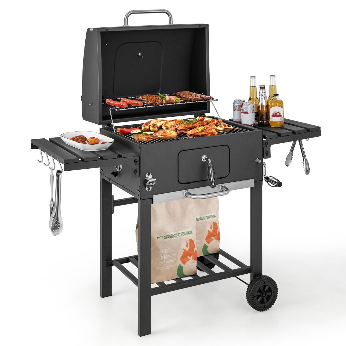 Barbecue à Charbon de Bois Portable avec 2 Tables d'Appoint Noir -
