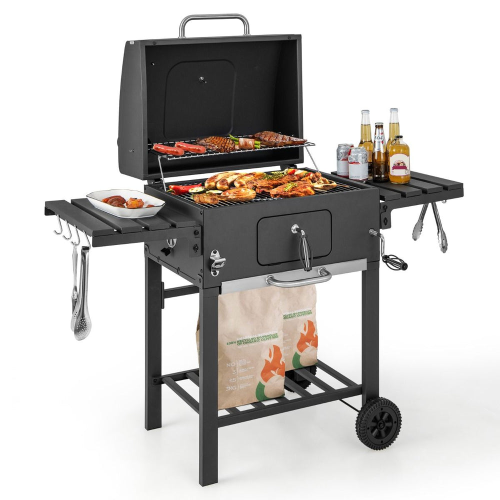 Barbecue à Charbon de Bois Portable avec 2 Tables d'Appoint Noir -