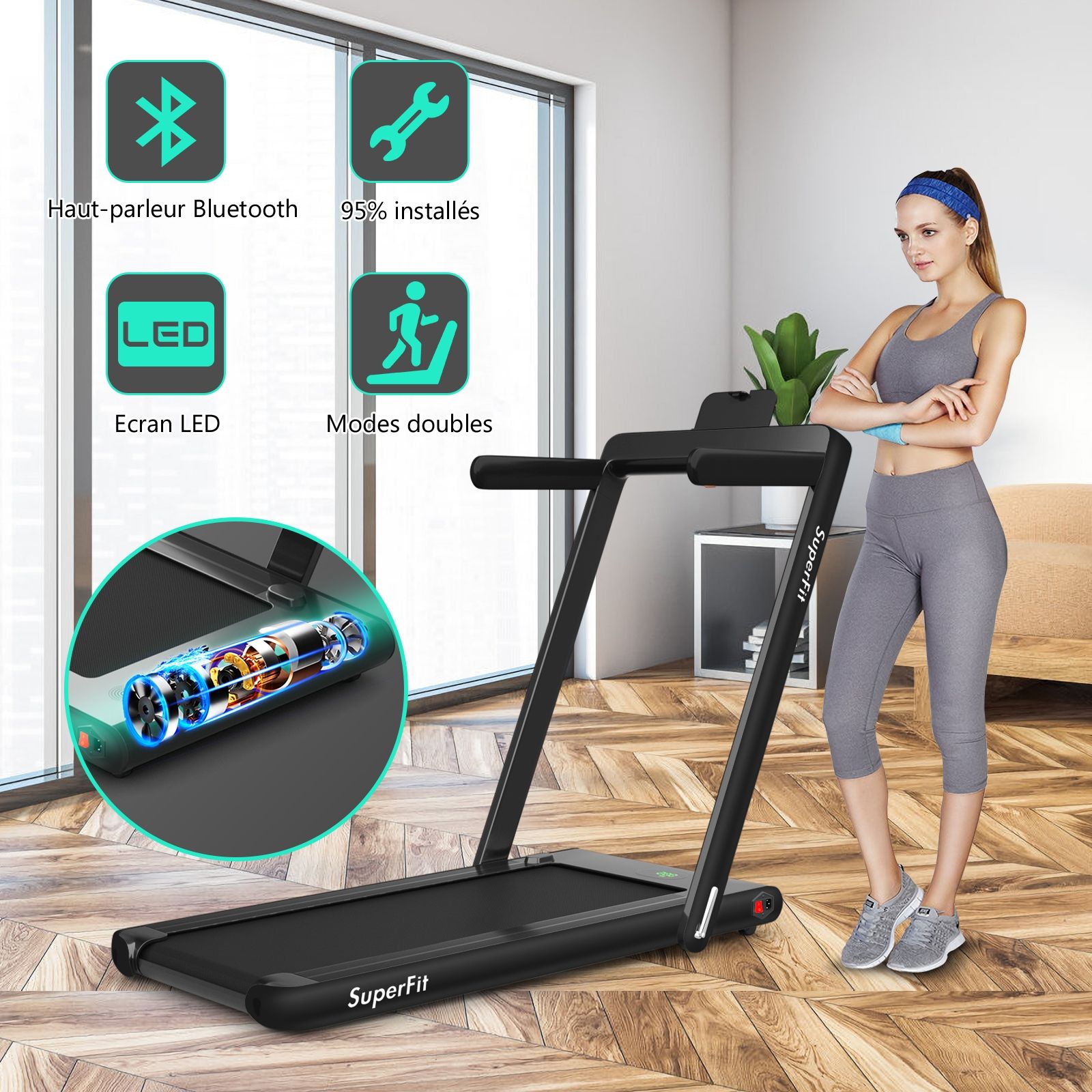 2 en 1 Tapis de Course Electrique Pliable 1 à 12 Km/H avec Haut-parleur Bluetooth Télécommande Moteur 0,75HP Vert/Blanc/Noir/Rouge/Or/Noir et Argenté/Bleu -