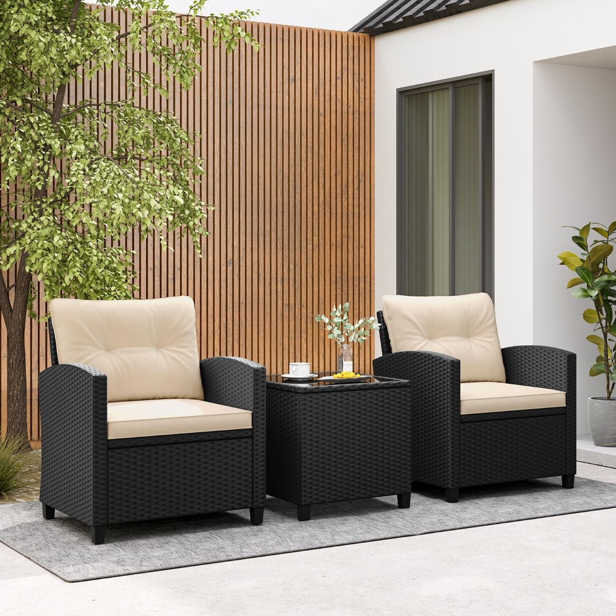 Ensemble de Meubles 3 Pièces de Patio en Rotin Charge 180KG Salon de Jardin 2 Fauteuils Table Basse avec Plateau Noir/Beige/Blanc -