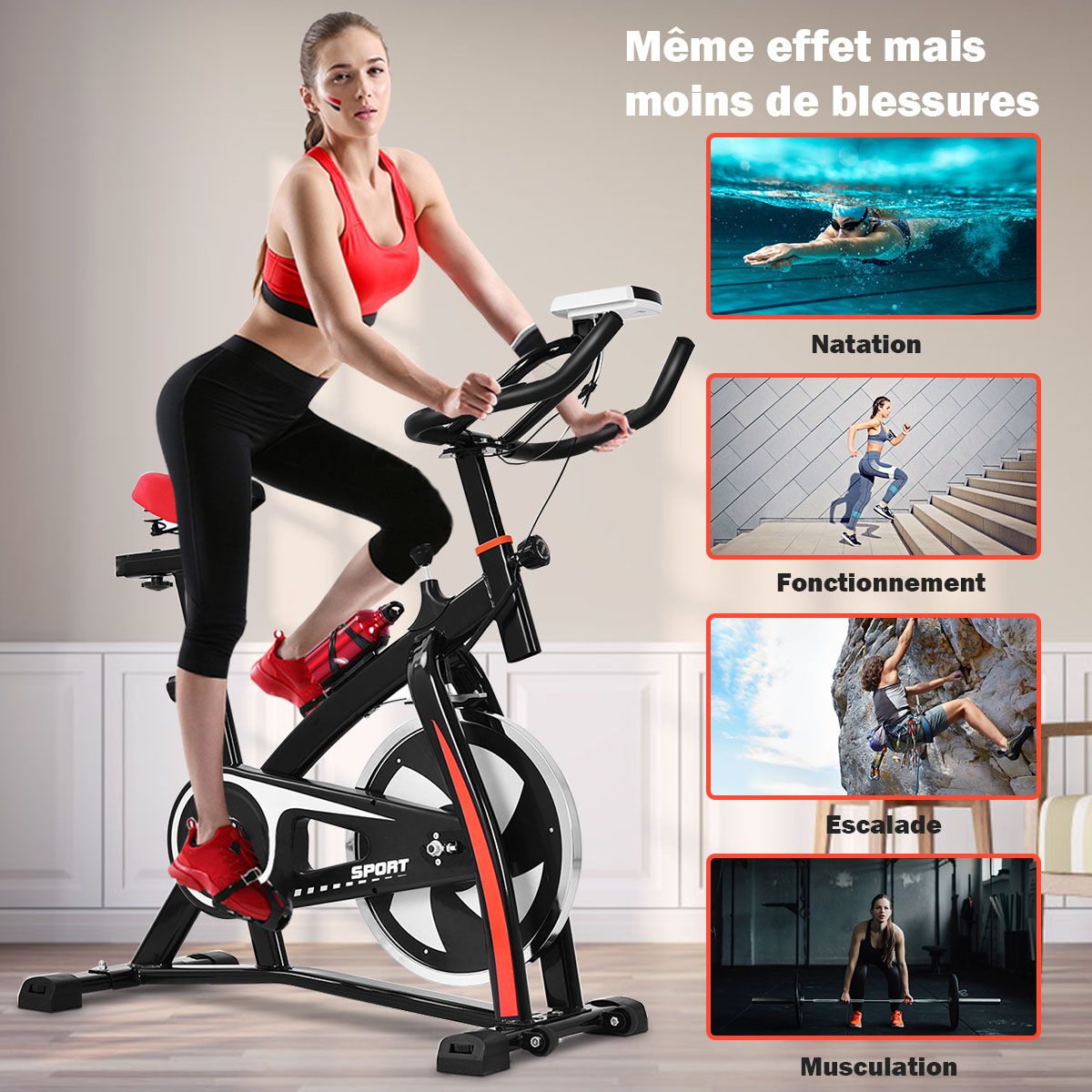 Vélo D’appartement Vélo Silencieux avec Courroie et Roue D’inertie en Fer de 10kg Guidon et Selle Ajustable Noir + Rouge -