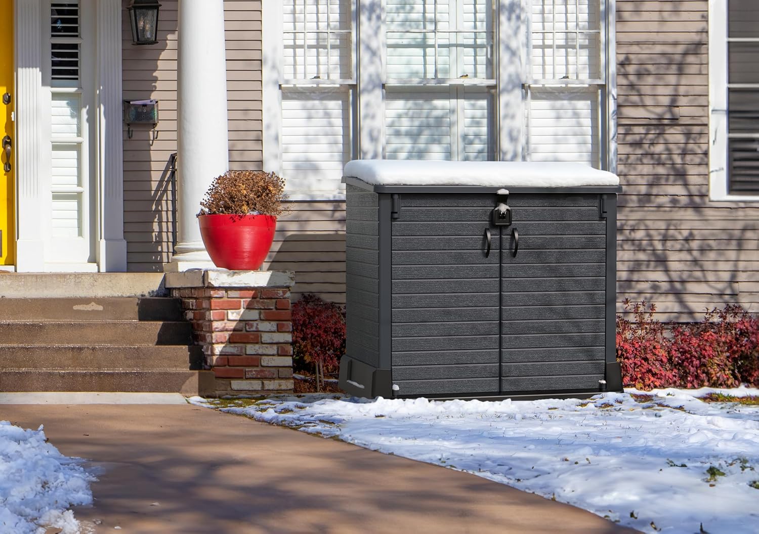 Duramax StoreAway 1200L Plastic Garden Shed/ Flat Lid,Outdoor Storage Shed,Wheelie Bin Hideaways,Wheelie bin box,Durable Construction,Ideal for Bikes,BBQs & 2x 240L Bins,145x85x125 cm,Brown