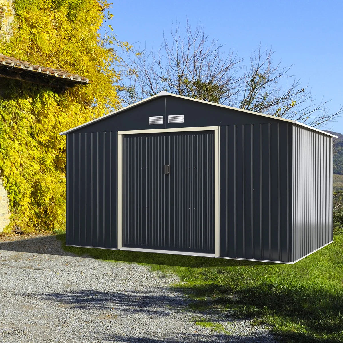 Abri de jardin en métal 8,67 340 x 255 x 210 cm avec 2 portes coulissantes verrouillables 4 trous d’aération gris pour vélo 20_0005483 -