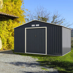 Abri de jardin en métal 8,67 340 x 255 x 210 cm avec 2 portes coulissantes verrouillables 4 trous d’aération gris pour vélo 20_0005483 -