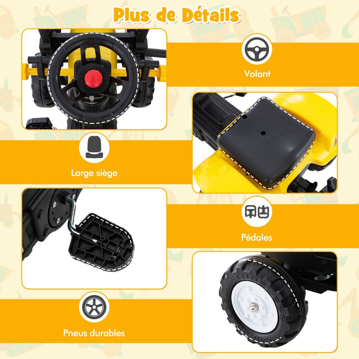 3 en 1 Tracteur pour Enfant avec 6 Roues Jouet Pelle Remorque Amovible avec Volant Klaxon 3  6 Ans Jaune/Vert -