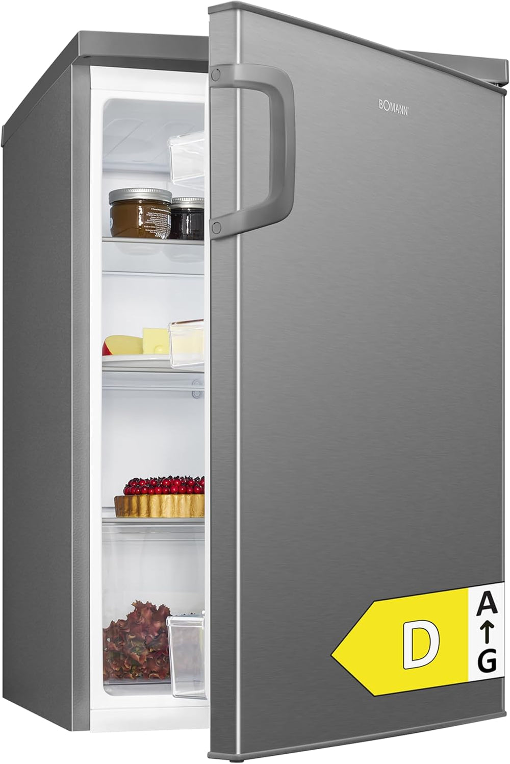 Bomann Réfrigérateur 133L inox VS2195-1-inox, Capacité nette : 133 litres, Éclairage intérieur à DEL, Contrôle de la température en continu, 3 clayettes en verre