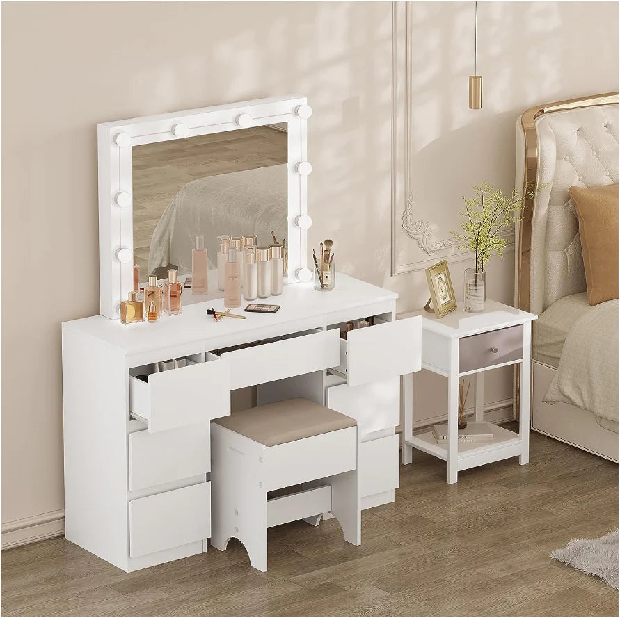 Coiffeuse Blanche avec Miroir LED - 7 Tiroirs -