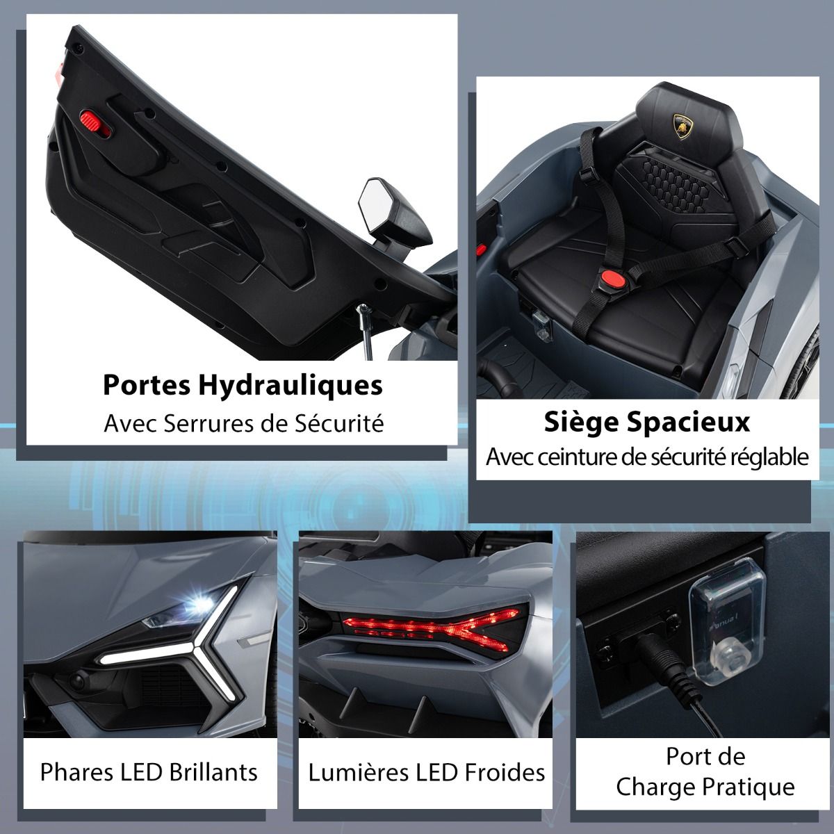 Voiture Electrique 12V pour Enfants Sous Licence Revuelto Télécommande Portes Hydrauliques pour 37-95 Mois Gris/Orange -
