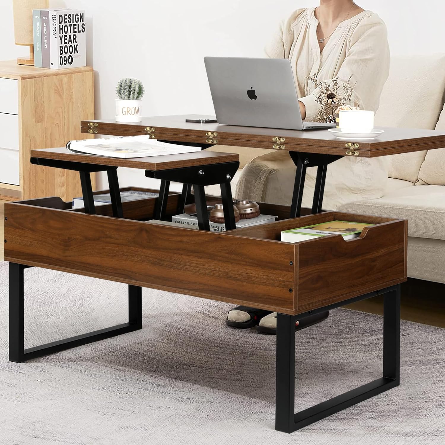 VOWNER Table Basse Relevable, Table de Salon Multifonctionnelle 3 en 1 avec Rangement Caché, Table Basse Convertible Manger de Salon, Couleur Noyer