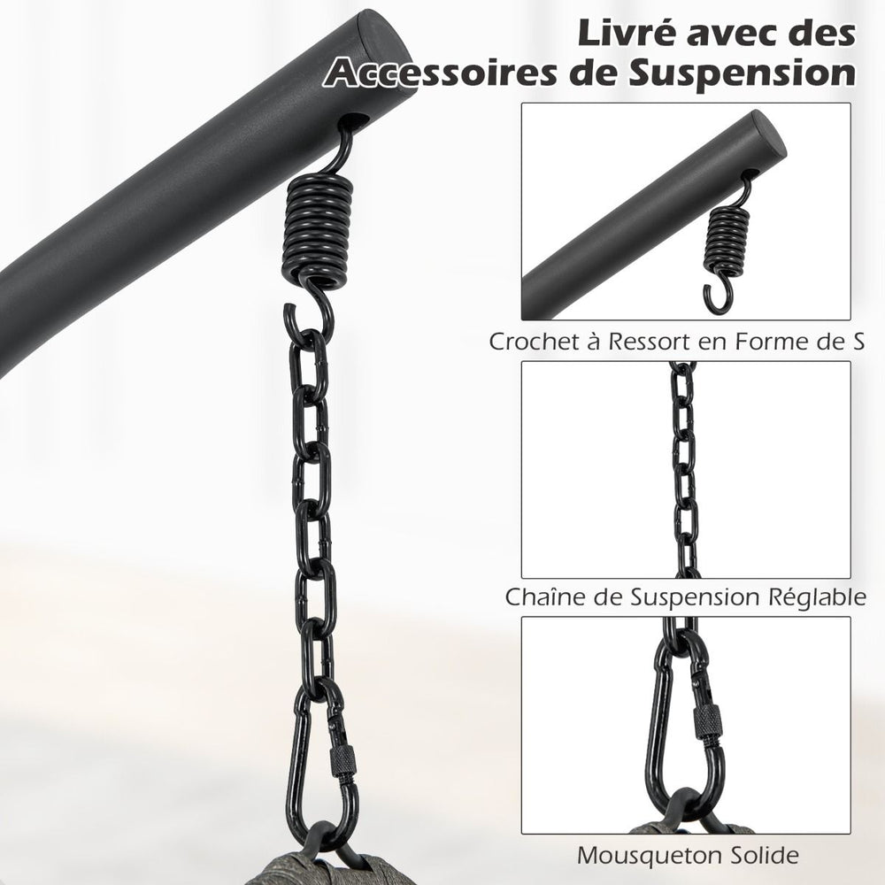 Chaise Oeuf en Rotin PE avec Support avec Oreiller et Coussin Chaise Suspendue avec Accessoires de Suspension Capacit 160 Kg Gris -