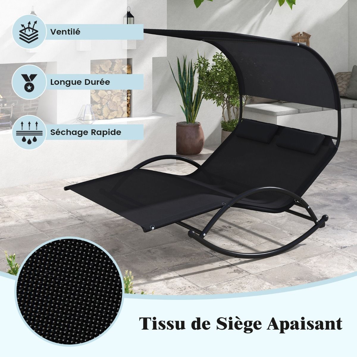 Chaise Longue Double Chaise à Bascule pour 2 Personnes 2 Appui-Têtes Amovibles Cadre en Métal Robuste Lit de Repos Ergonomique 2 Places Gris/Noir/Beige -