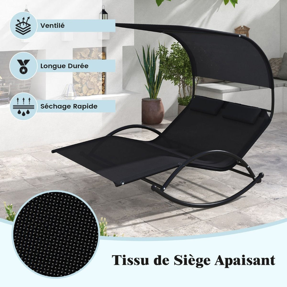 Chaise Longue Double Chaise à Bascule pour 2 Personnes 2 Appui-Têtes Amovibles Cadre en Métal Robuste Lit de Repos Ergonomique 2 Places Gris/Noir/Beige -