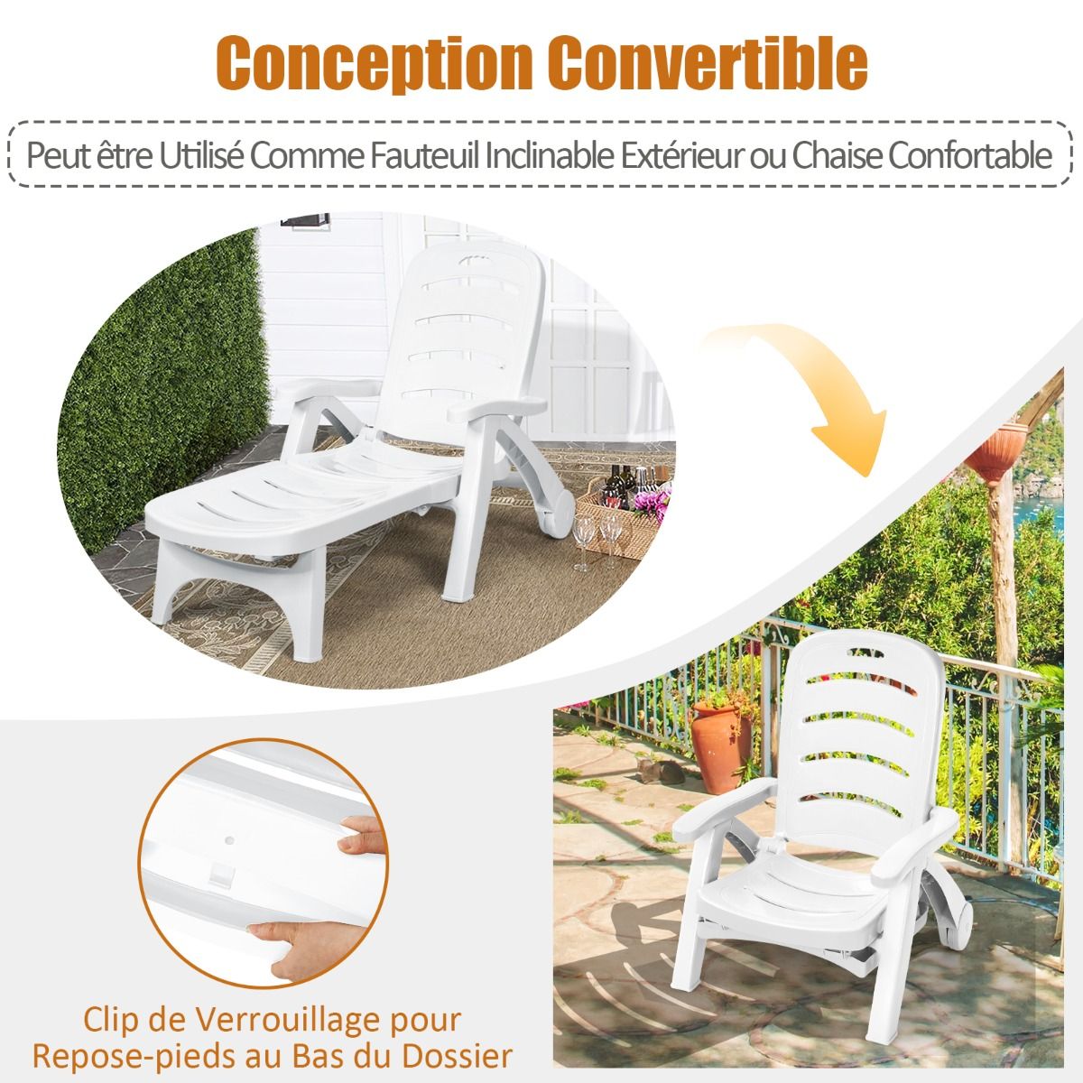 Chaise Longue Pliable Dossier Inclinable à 5 Positions avec Roues Intégrées pour Terrasse Jardin Piscine 150 kg Gris/Blanc/Bleu -