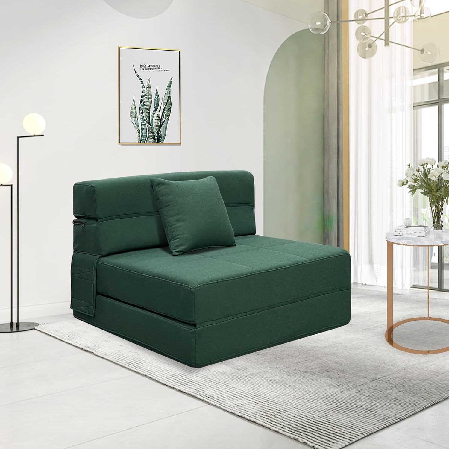 ANONER Canapé de Sol Convertible Canapé Convertible 1 Place, Canape Lit 1 Place en Mousse à Mémoire de Forme & Oreiller, Matelas Pliant Sofa pour Chambre Salon, Vert Foncé