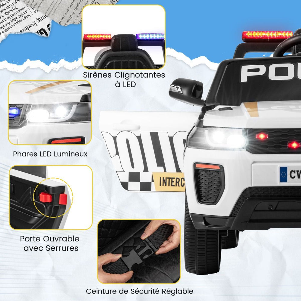 Voiture de Police Electrique Alimentée par Batterie 12 V/7 A Télécommande Connexion Sans Fil Musique Klaxon Sirène Lumières LED Blanc -