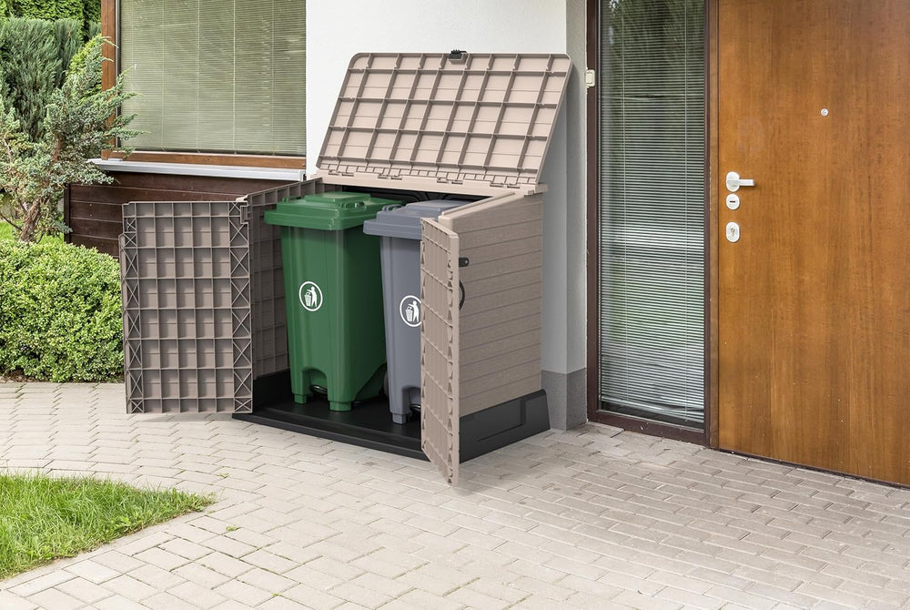 Duramax StoreAway 1200L Plastic Garden Shed/ Flat Lid,Outdoor Storage Shed,Wheelie Bin Hideaways,Wheelie bin box,Durable Construction,Ideal for Bikes,BBQs & 2x 240L Bins,145x85x125 cm,Brown