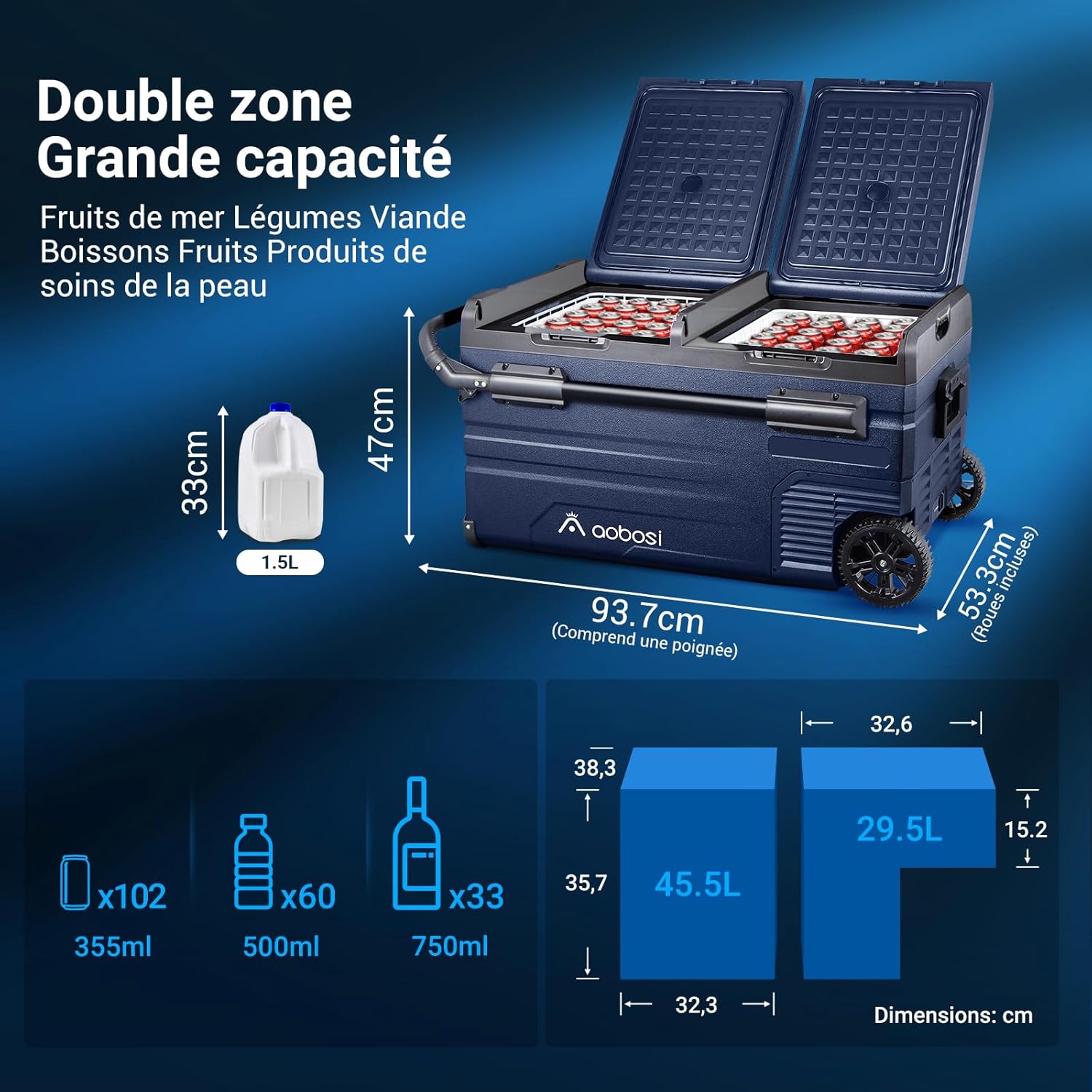 115L Glaciere Electrique Double Zone,Glaciere a Compression WiFi APP,12 V/24 V et 100-240 V Frigo Camping,-20 à 20 pour Voiture,Camion,Bateau,Camping,Car,Caravanes,Voyageant,Maison