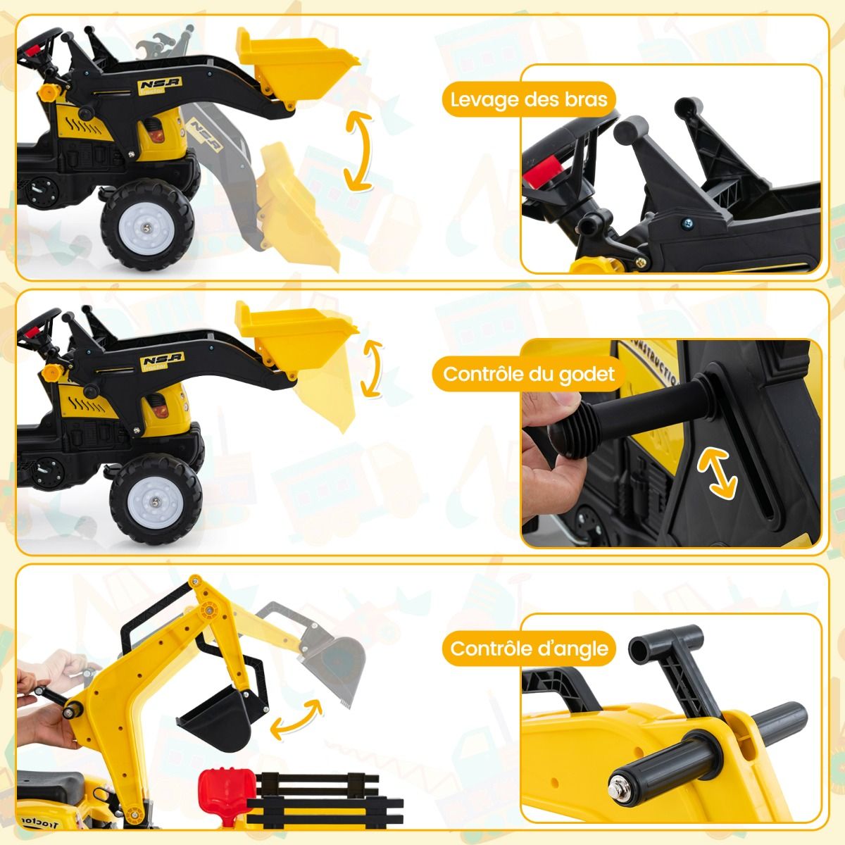 3 en 1 Tracteur pour Enfant avec 6 Roues Jouet Pelle Remorque Amovible avec Volant Klaxon 3  6 Ans Jaune/Vert -