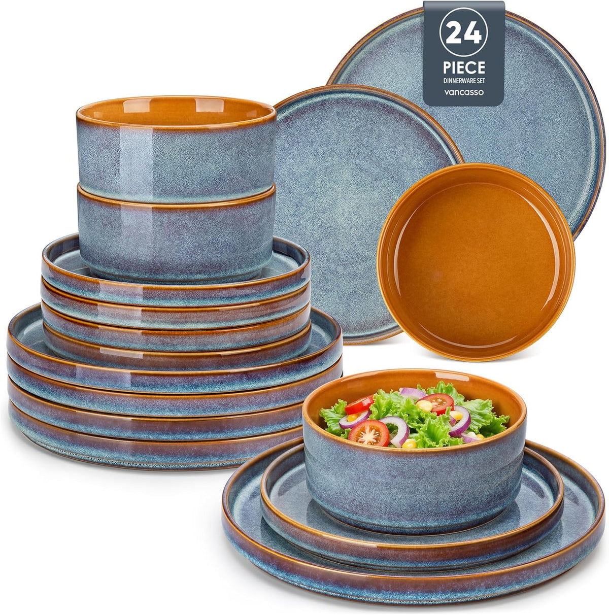 vancasso ONION Assiettes Service de Table 24 Pièces pour 8 Personnes, Service Complet en Grès - 8 Assiettes Plates, 8 Dessert et 8 Bols - Adapté au Micro-Ondes, Glaçure Gris Bleu