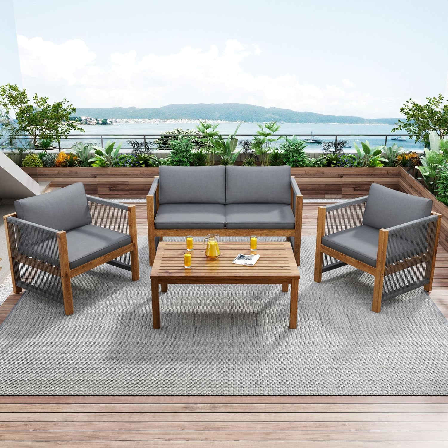 Salon de Jardin,Salon de Jardin 4 Personnes,avec canapé,Table Basse et Coussins,Housse en Tissu déhoussable et Lavable,Noir (Coussins d'assise Inclus)