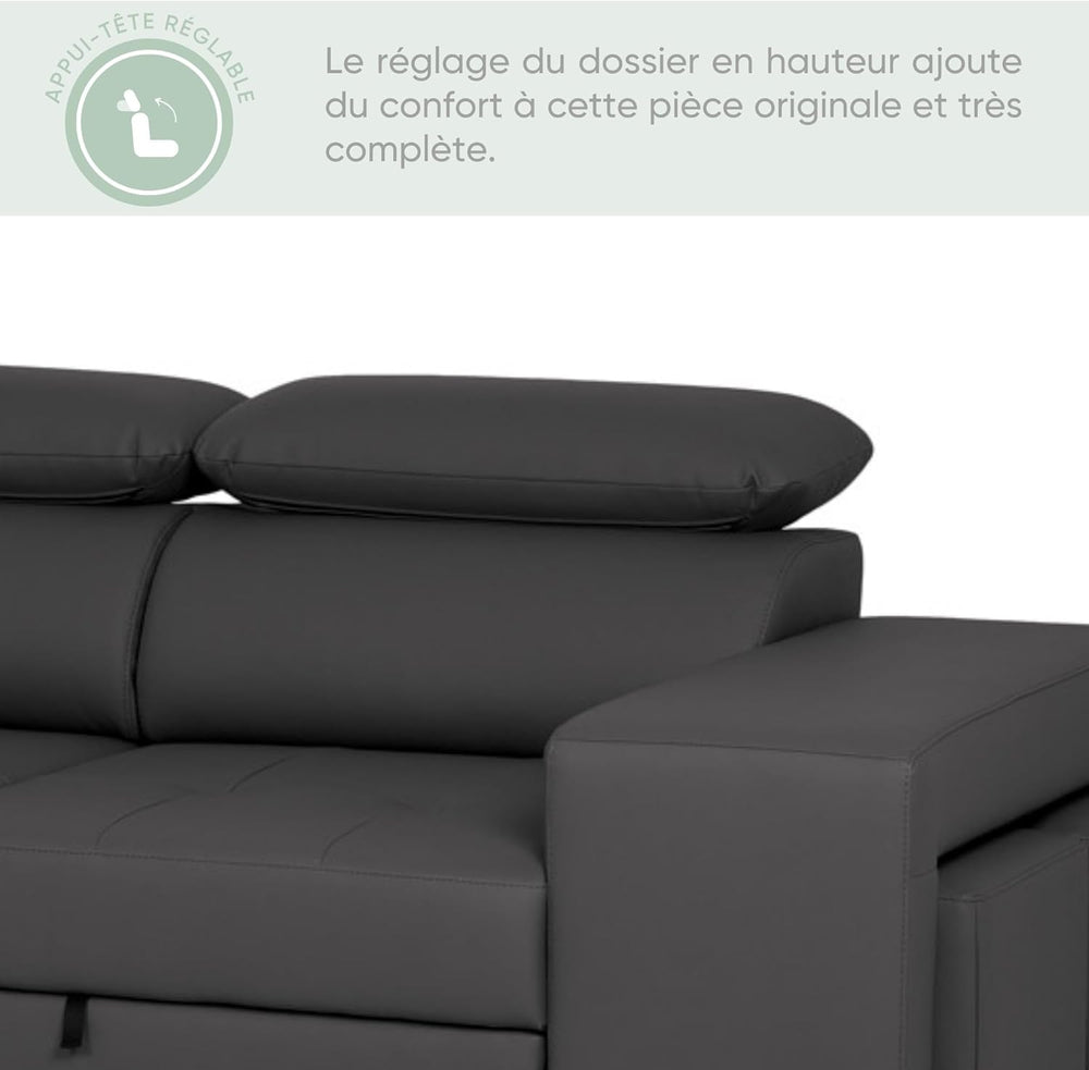 BUDWING John Canapé-Lit d’Angle 4 Places – Chaise Longue Réversible, Têtières Réglables et 2 Poufs – Revêtement en Polyuréthane – Style Moderne – 263x161x96 cm – Noir