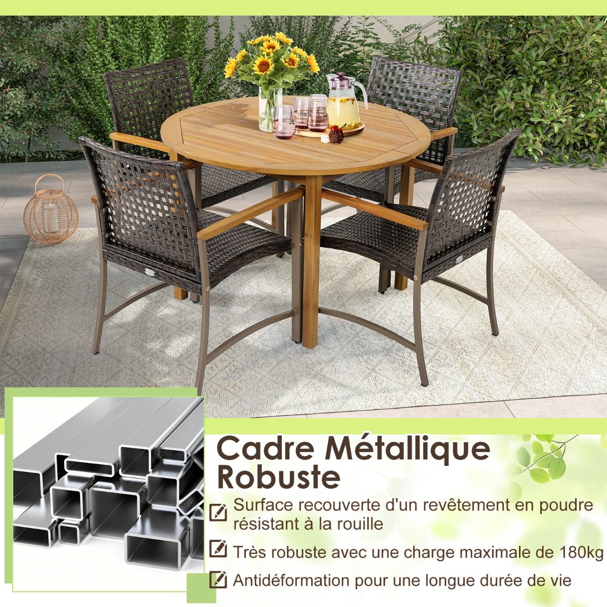 Ensemble de 4 Chaises en Rotin pour l'Extérieur Chaises avec Accoudoirs en Bois d'Acacia Structure Métallique Robuste Chaises Ergonomiques -