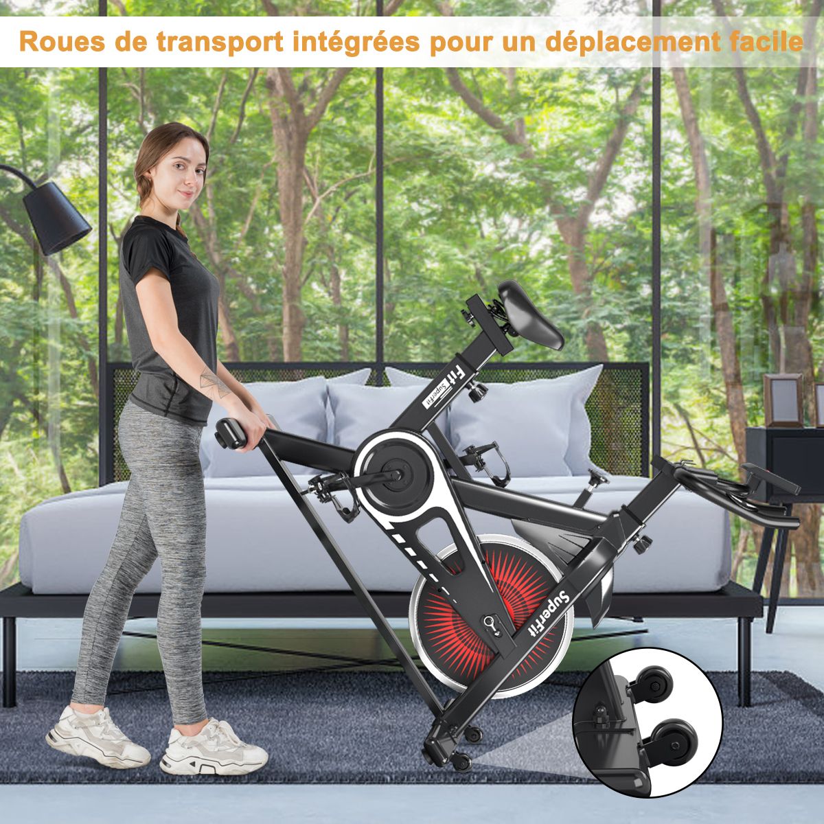 Vélo d’appartement silencieux avec roue et guidon en acier -