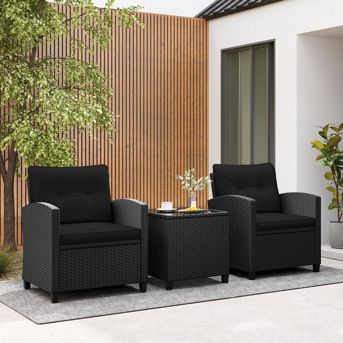 Ensemble de Meubles 3 Pices de Patio en Rotin Charge 180KG Salon de Jardin 2 Fauteuils Table Basse avec Plateau Noir/Beige/Blanc -