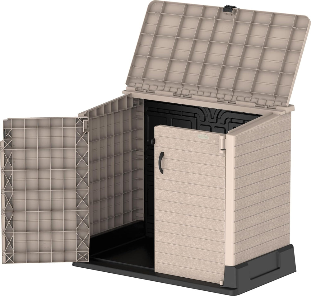 Duramax StoreAway 1200L Plastic Garden Shed/ Flat Lid,Outdoor Storage Shed,Wheelie Bin Hideaways,Wheelie bin box,Durable Construction,Ideal for Bikes,BBQs & 2x 240L Bins,145x85x125 cm,Brown