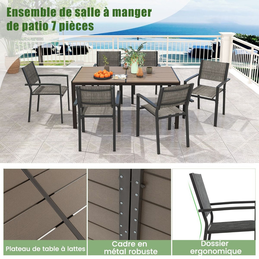 Ensemble de Meubles de Patio 7 Pièces pour 6 Personnes Salon de Jardin avec 6 Chaises Empilables et Table Rectangulaire Gris -