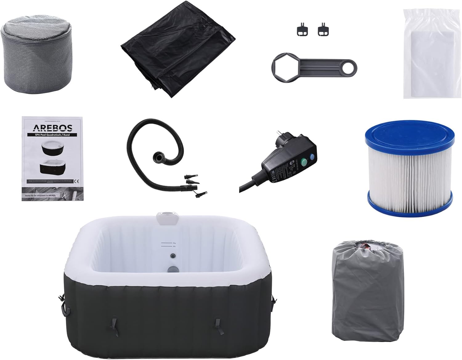 Arebos Spa Gonflable | pour l'intérieur et l'extérieur | 4 Personnes | 154x154cm | 100 Jets de Massage | Spa Bien-être Chauffage | Massage Gonflable Carré | 600 litres