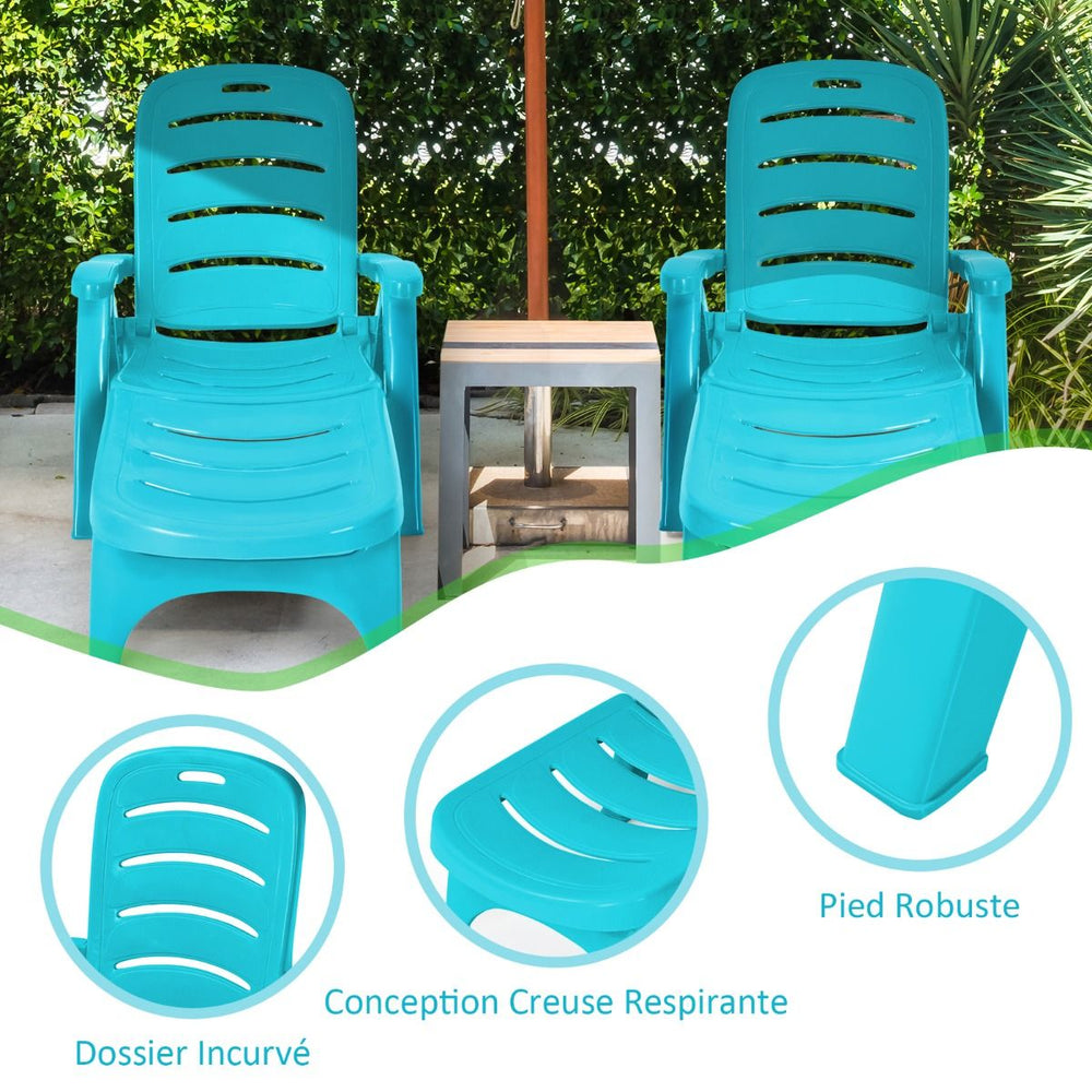 Chaise Longue Pliable Dossier Inclinable  5 Positions avec Roues Intgres pour Terrasse Jardin Piscine 150 kg Gris/Blanc/Bleu -