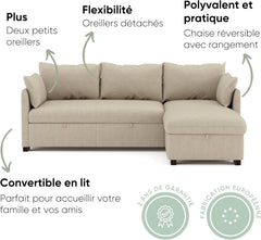 BUDWING Orlando Canapé Convertible d'angle Lit Chaise Longue Coffre Réversible Droite et Gauche Beige